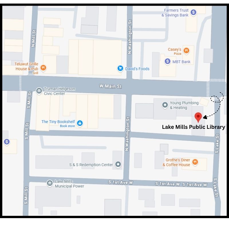 Map showing the intersection of Main St and Lake St in Lake Mills with the Library on the SouthWest side of Lake Street just south of Main Street.