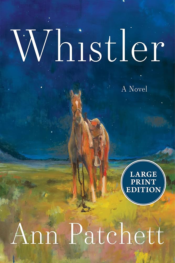 A dark blue night sky with yellow and orange desert ground.  A brown horse in the middle of the foreground.